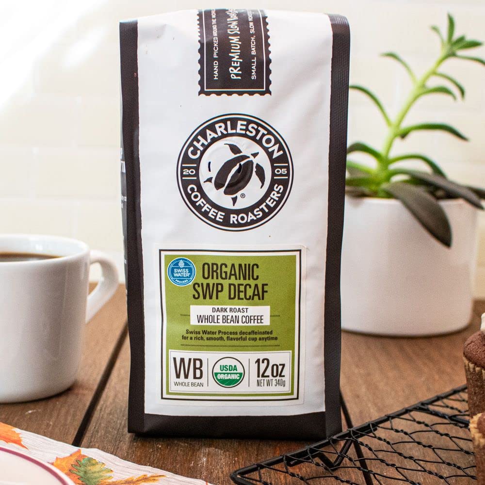 Charleston Coffee Roasters  Café de grano entero orgánico especial  Recogido a mano, tostado lento premium (SWP descafeinado, tostado oscuro) 12