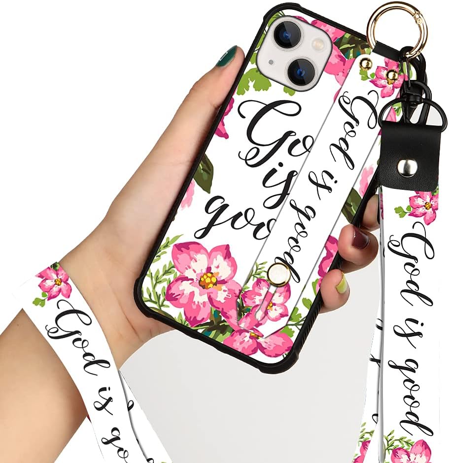 KANGHAR Funda compatible con iPhone 13, diseño floral de flores, correa de muñeca para Apple iPhone 13 de 6.1 pulgadas 2021 5G (Dios es bueno)