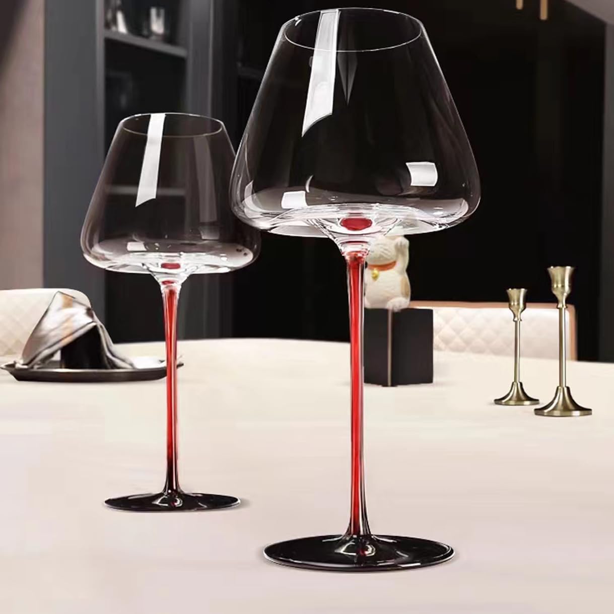 KOWLOON Copa de vino tinto burdeos de fondo cóncavo,Copa de vino de cristal grande de fondo rojo soplado a mano maestra,Cristalería de mango largo