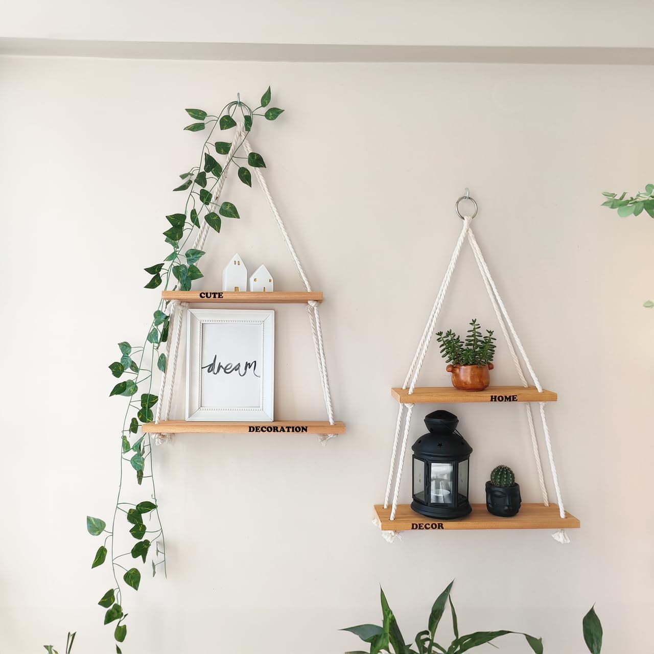 Estantes colgantes para pared, estante colgante para plantas, estantes bohemios de madera para decoración de dormitorio de otoño, estantes de cuerda