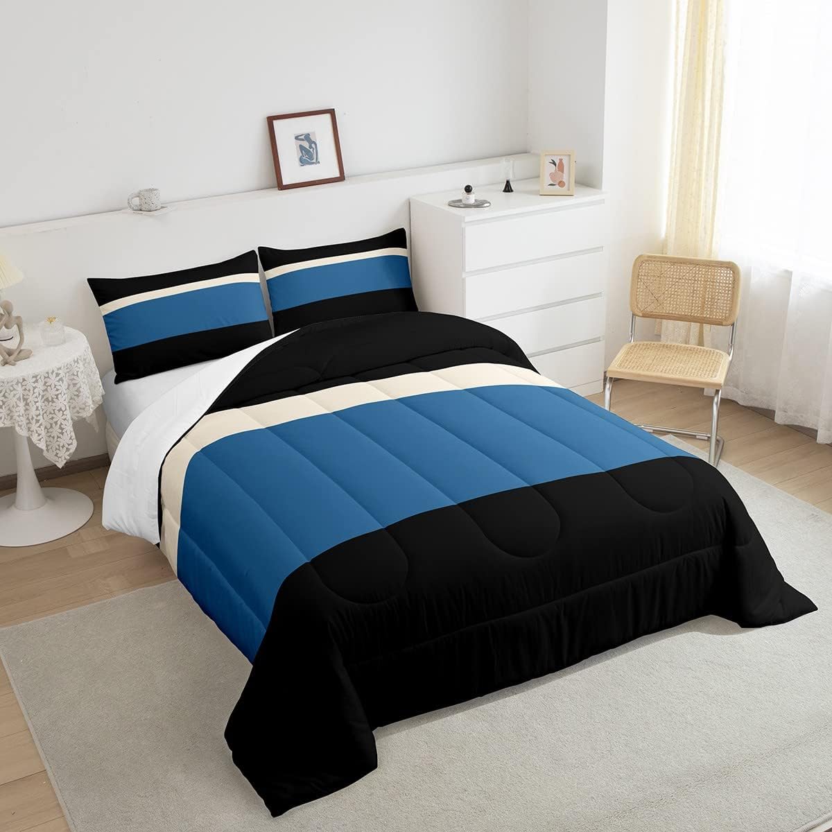 Erosebridal Juego de edredón a rayas negras y azules para niños, tamaño individual, juego de ropa de cama de rayas de retazos azul marino para