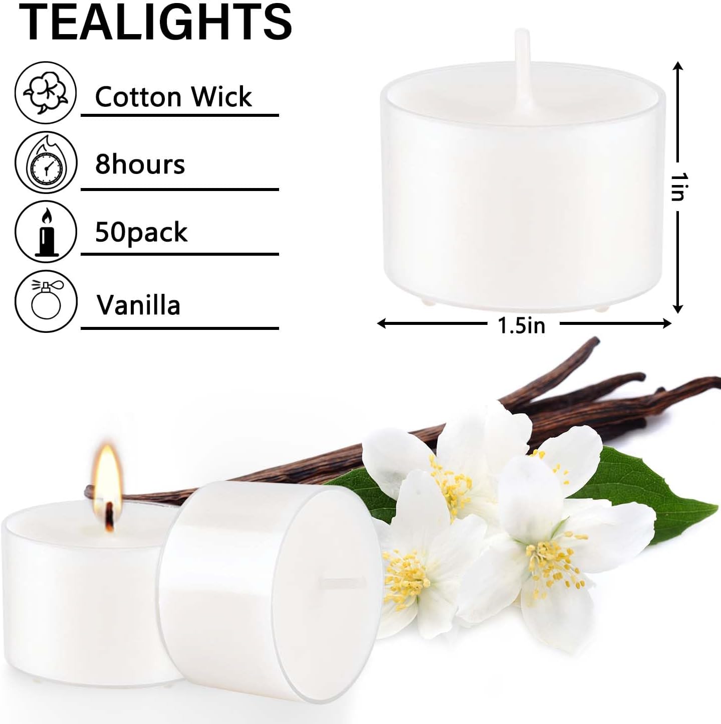Juego de 50 velas aromáticas blancas a granel, cera de fragancia de vainilla con recipiente transparente, para restaurantes, cenas, bodas, baby