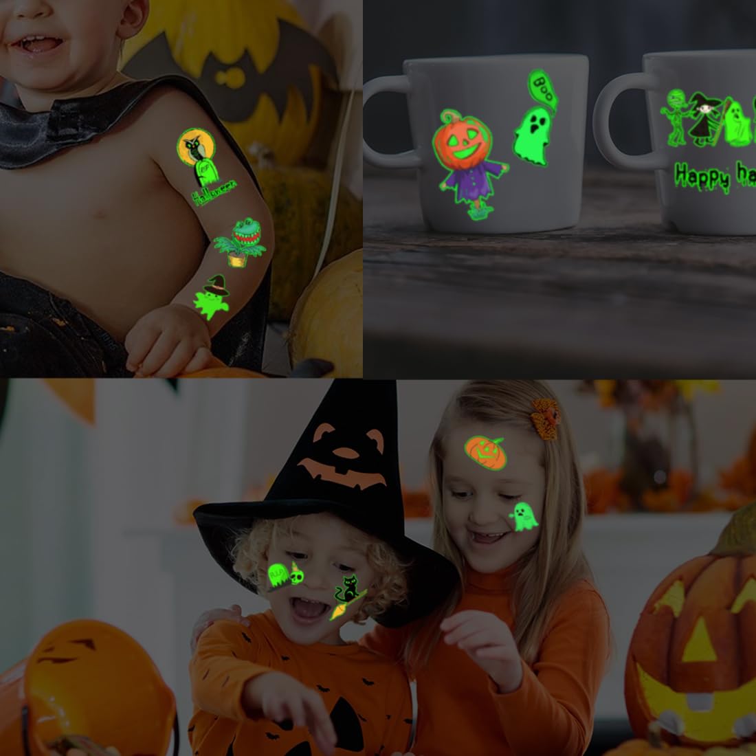 CHARLENT Tatuajes temporales luminosos de Halloween para suministros de fiesta de niños, 100 estilos que brillan en la oscuridad de Halloween,