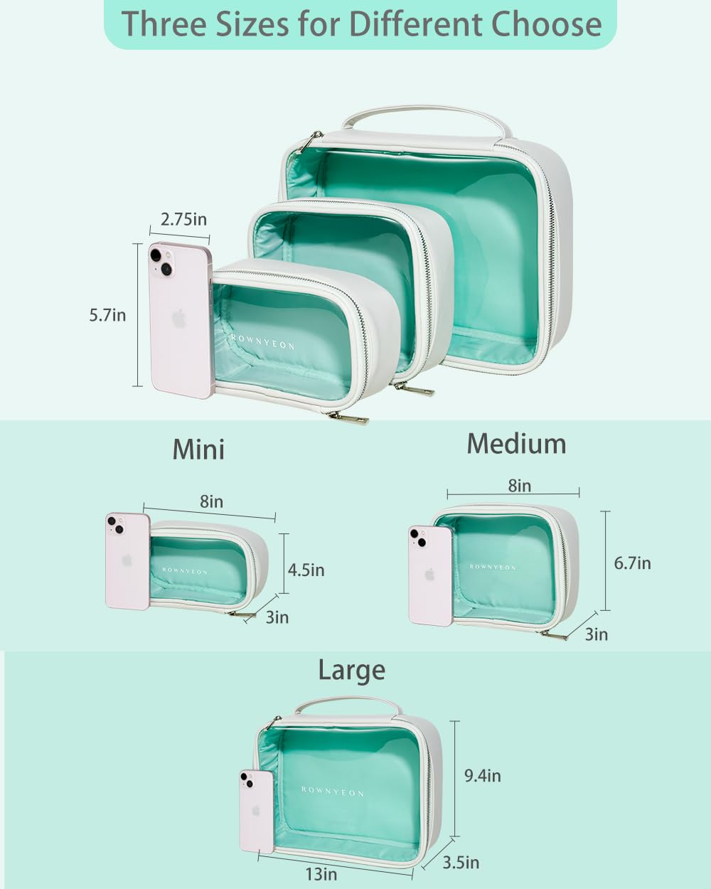 Rownyeon – Estuche de maquillaje transparente, 3 piezas, juego de bolsas de cosméticos transparentes, estuche de viaje para maquillaje, organizador