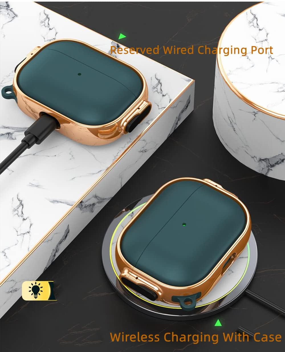 MiRUSI Funda para Airpods Pro de 2 generación con doble interruptor chapado en piel con mosquetón que absorbe los golpes (rojo)