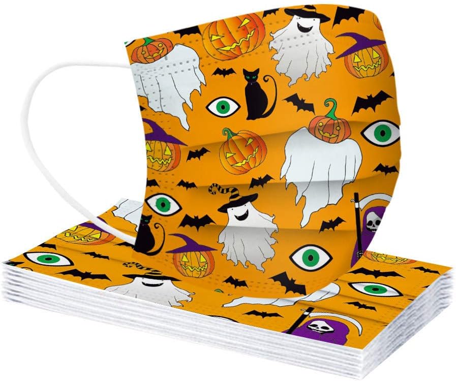 Paquete de 50 mascarillas desechables de Halloween para adultos con estampado de calabaza, 3 capas transpirables de Halloween para mujeres y hombres