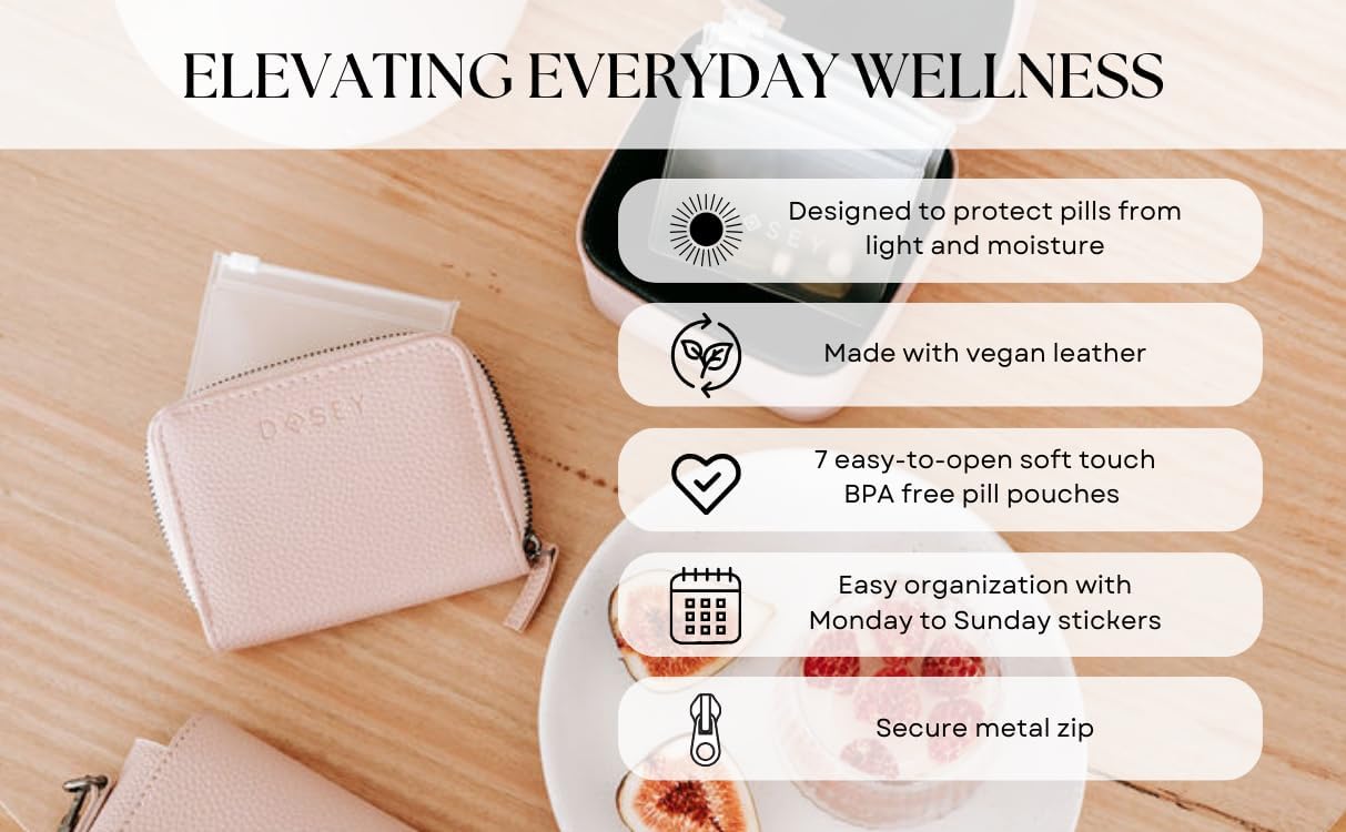 Dosey Wellness Wallet – Organizador de pastillas de viaje y bolsas de píldoras fáciles de deslizar, estuche de píldoras de cuero vegano con 7
