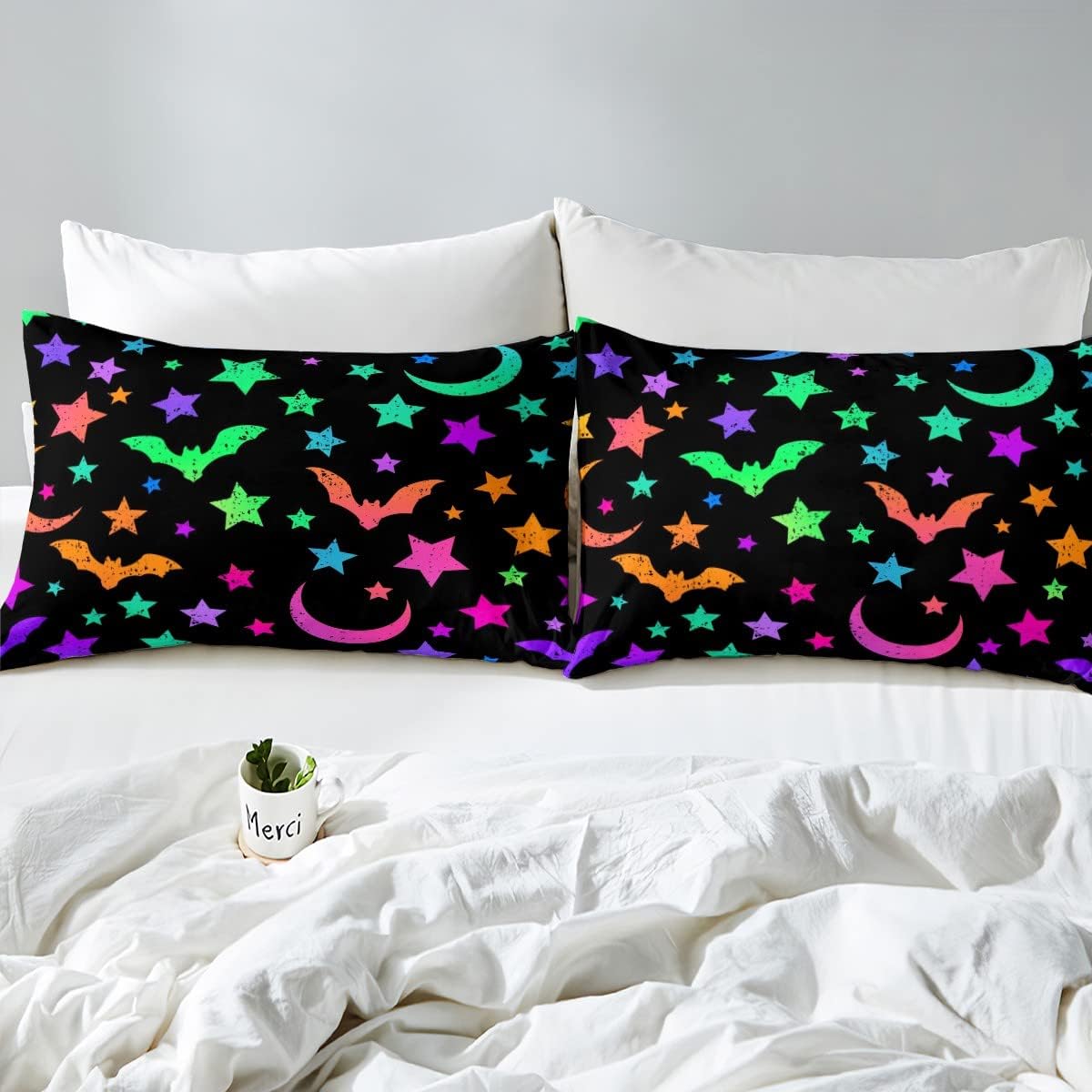 Erosebridal Juego de ropa de cama con diseño de murciélagos y cielo estrellado colorido para niños pequeños, funda de edredón de estrellas