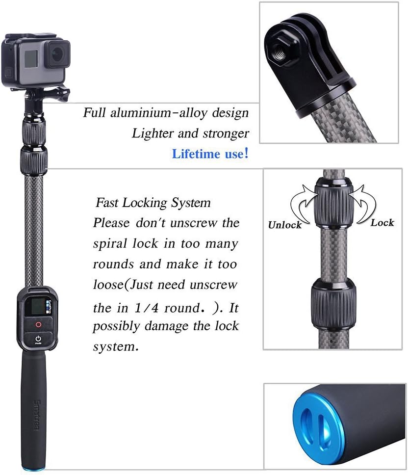 Smatree S2C – Palo selfie de fibra de carbono compatible con GoPro Hero 1211109876543 Plus321cámara de sesiónDJI Osmo Action 43 (el control remoto