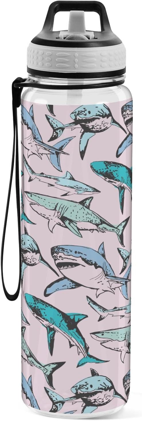 Pink Sharks – Botellas de agua deportivas con pajilla, sin BPA, botella de agua grande transparente para correr, para mujeres, hombres, niñas,