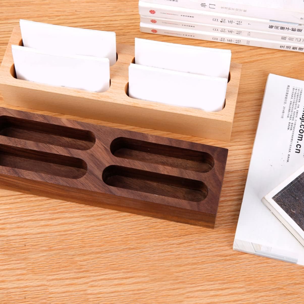 Tarjetero para caja de escritorio, 4 estuches organizadores, mesas de escritorio, soporte de negocios, tarjetas de madera, pantalla de madera,