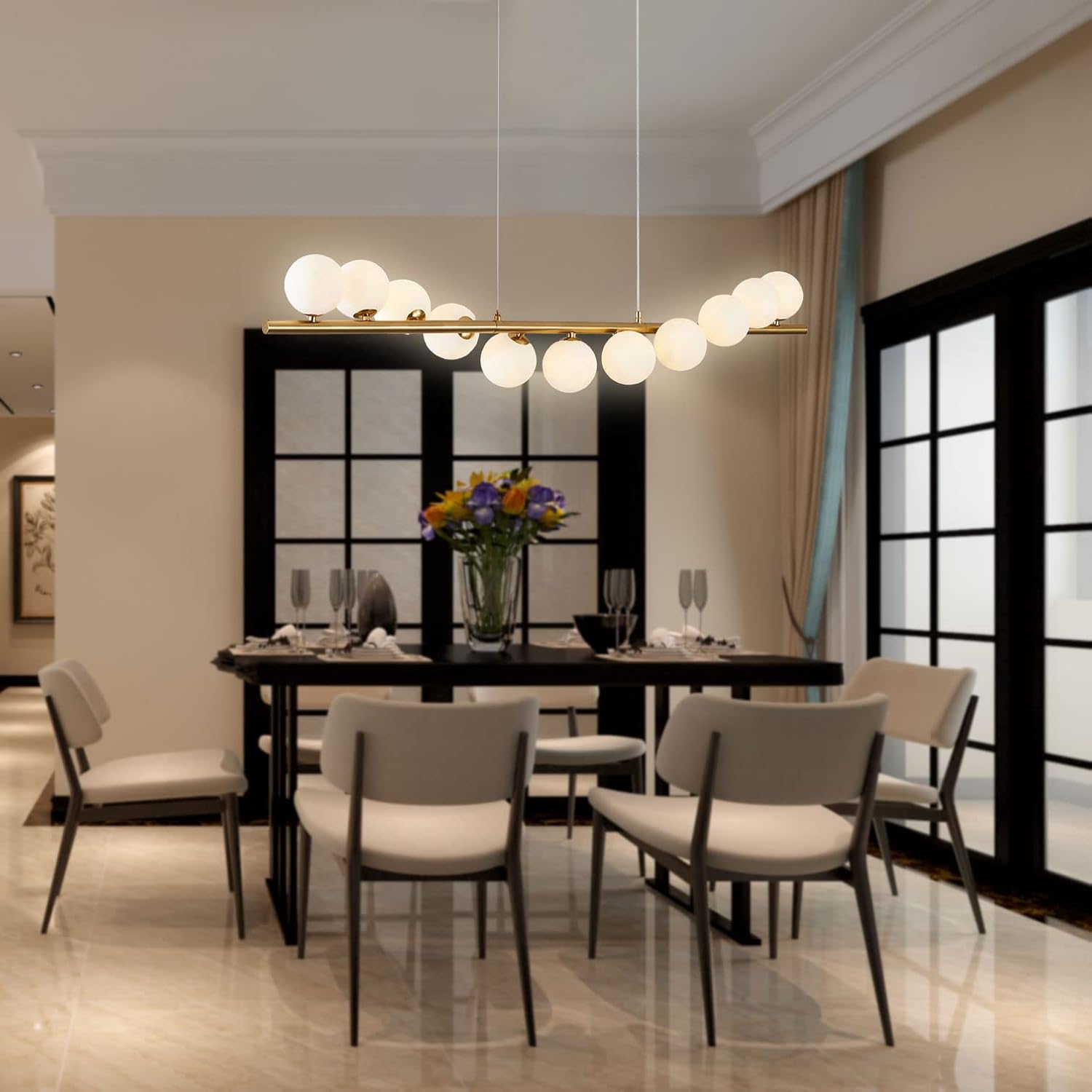 Lámpara de araña moderna de mediados de siglo para comedor, de color dorado, lámpara de burbujas sobre mesa, 11 luces, lámpara colgante lineal para