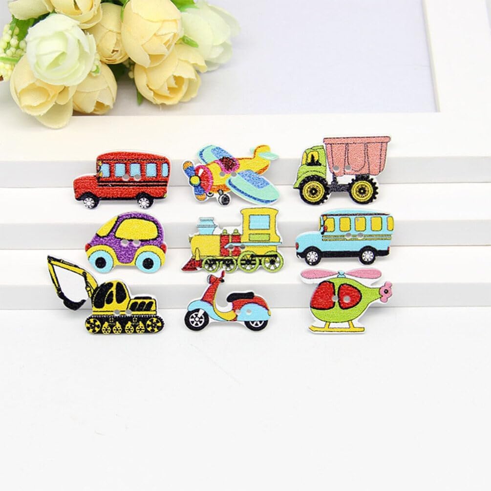 TEHAUX 50 botones de madera, botones decorativos de dibujos animados, lindos botones en forma de automóvil, camión, avión, barco, botones de costura