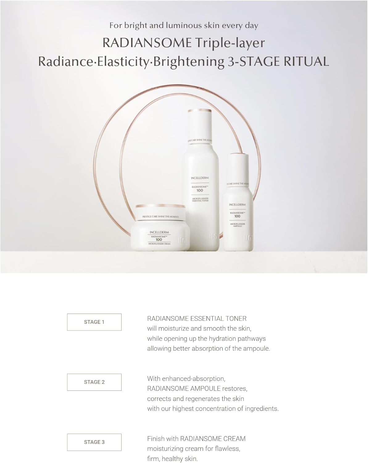 INCELLDERM Radiansome 100 Premium Korean K-Beauty Skin Care Set tóner esencial microfluidizador (3.3 fl oz), ampolla (1 fl oz), crema (1.7 fl oz)