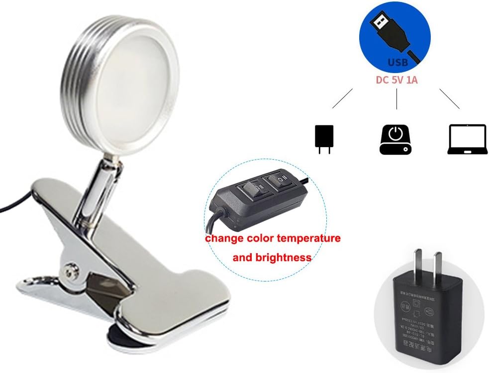 5W LED Mesa Lectura Luz Abrazadera Clip-on Lámpara Enchufe USB Fuente de Alimentación Mesita Regulable Acabado Plata