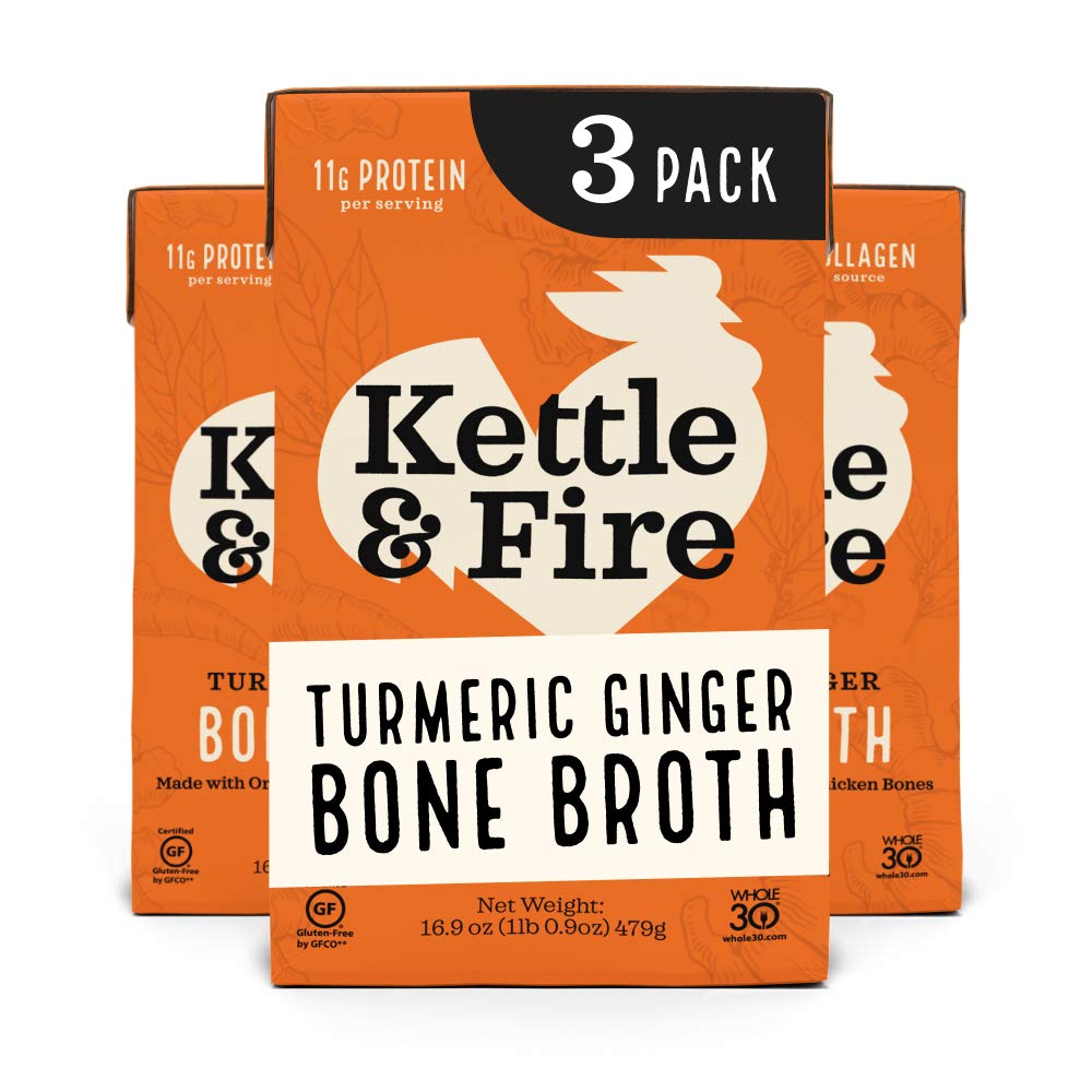 Kettle and Fire – Caldo de hueso de pollo de jengibre, cúrcuma Keto, paleo y Whole 30, sin gluten, alto en proteínas y colágeno, paquete de 3