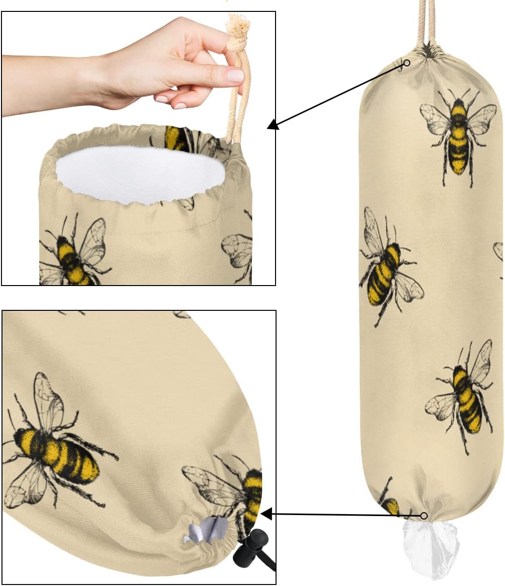 Soporte para bolsas de plástico con estampado de abeja Kawaii para colgar en la pared, organizador de bolsas de basura reutilizable, lavable,