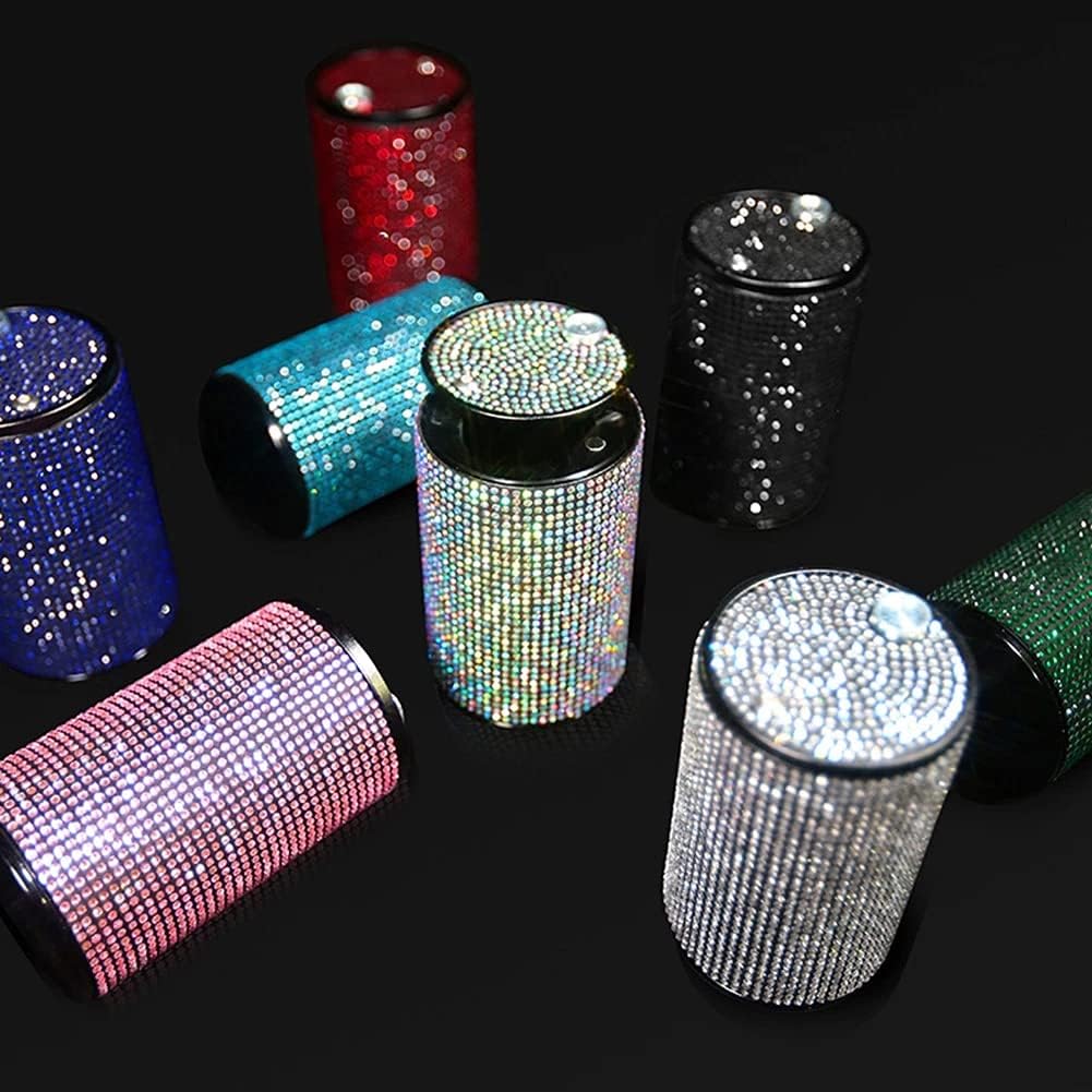 Cenicero de cigarrillos de automóvil con diamantes brillantes portátil con tapa, a prueba de olores, cenicero de automóvil con diamantes de cristal