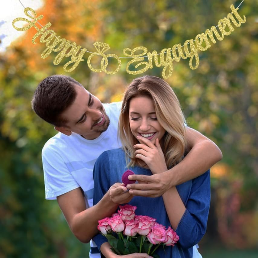 Palasasa Cartel de compromiso con texto en inglés Happy Engagement Banner  Cartel dorado con purpurina para decoración de fiesta de compromiso,
