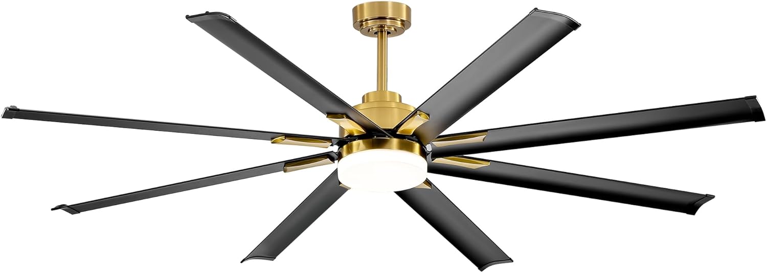 Breezary Ventiladores de techo de 72 pulgadas con control remoto de luz LED, 8 aspas de aluminio, ventilador de techo dorado y negro con motor de CC
