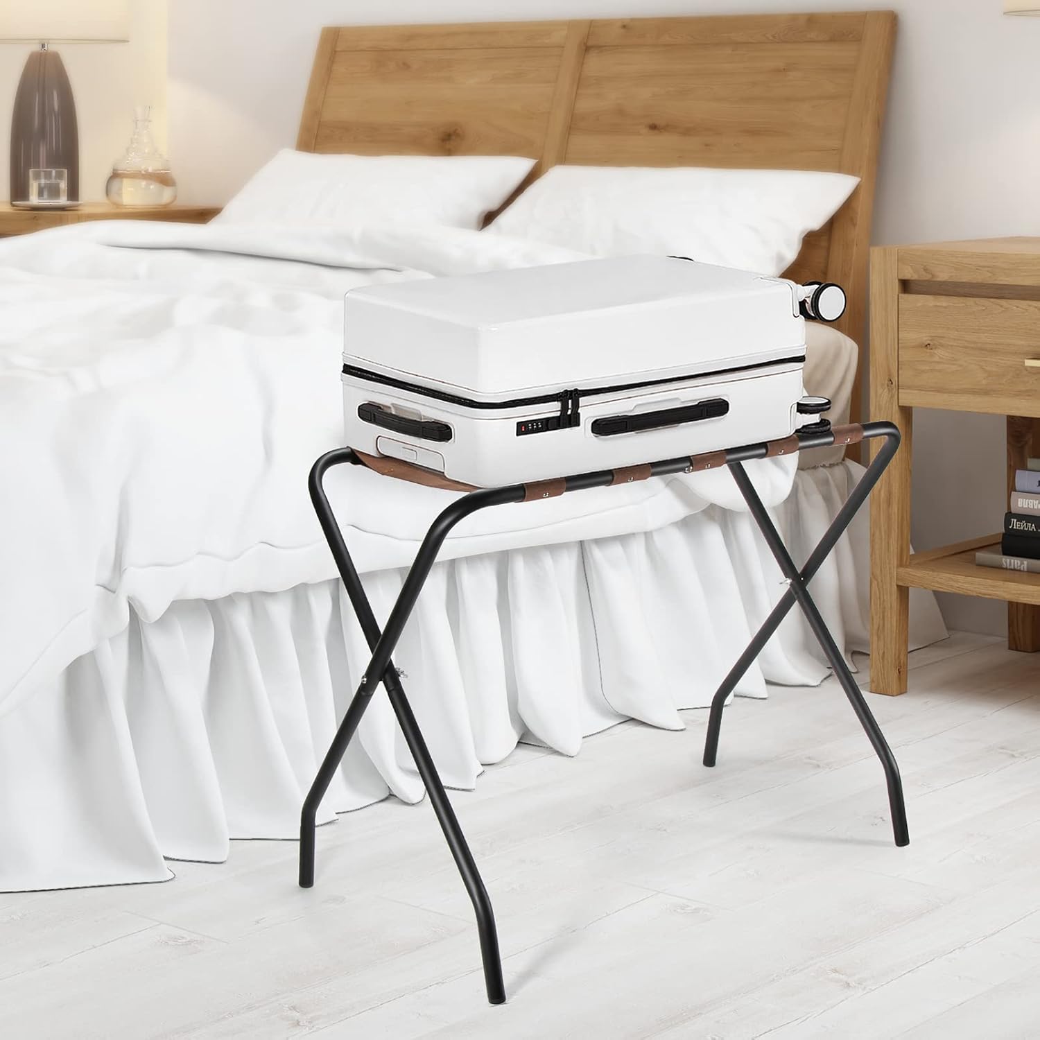 OFIDELITY Estante de equipaje, 1 unidad, estante plegable de metal para maleta con correas de nailon marrón y marco de acero, habitación de