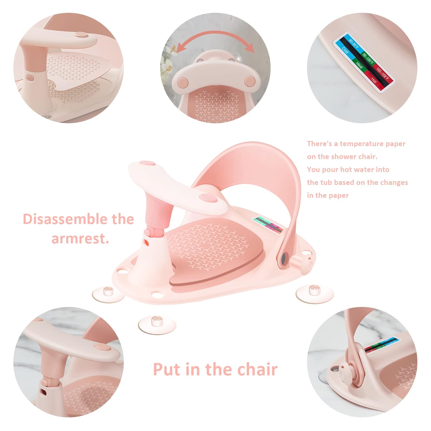 Asiento de baño para bebé Original  3 juguetes de baño + gorro de ducha + cepillo de baño + termómetro + taza de enjuague  4 ventosas