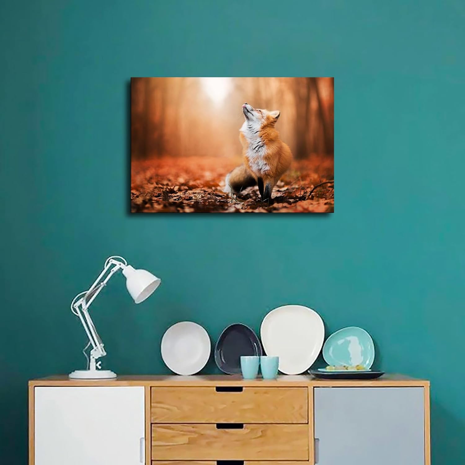 Póster de animales con hojas rojas por todo el suelo, póster estético de zorros rojos que miran hacia arriba, arte de pared, sala de estar,