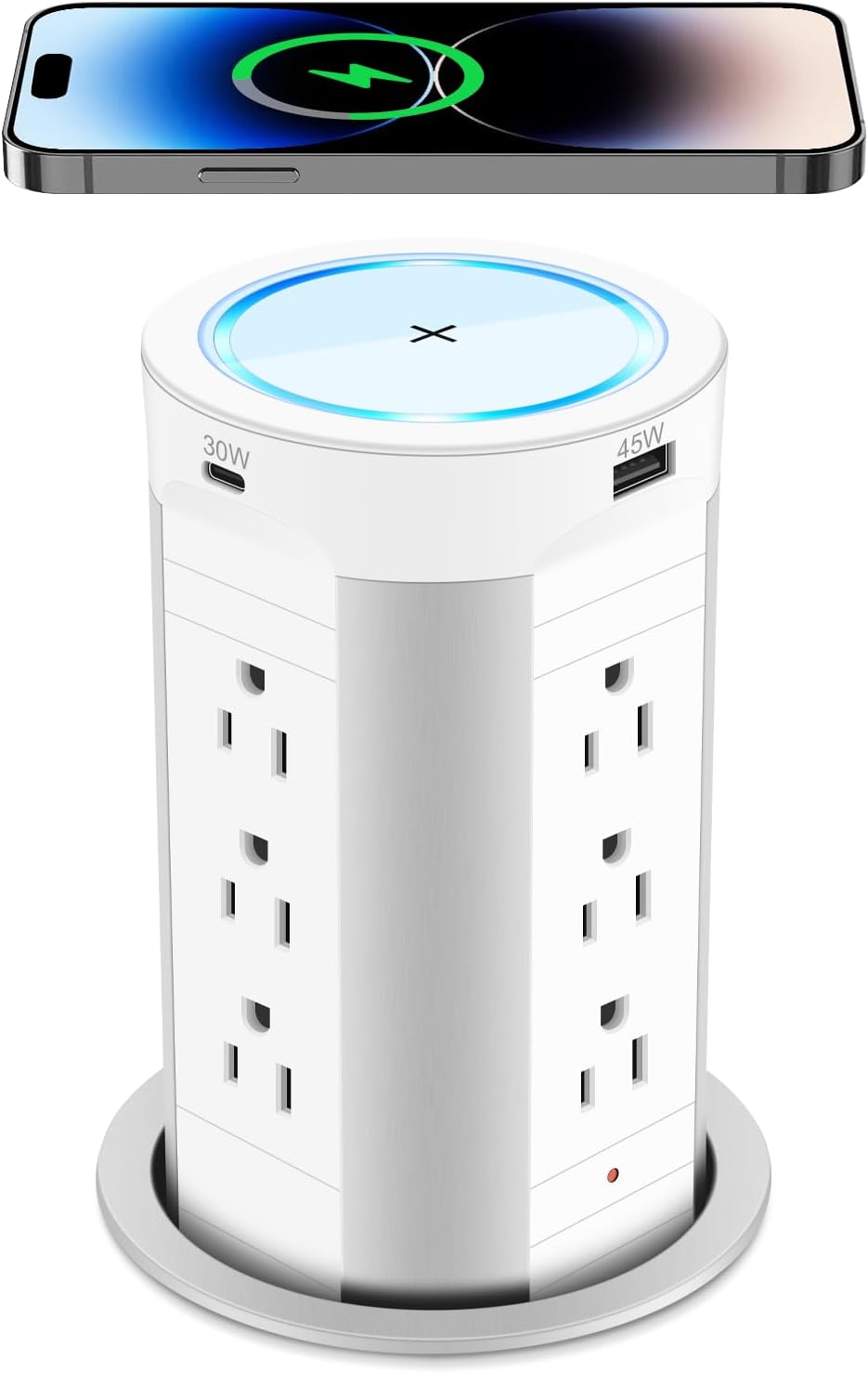 HEZI Toma de corriente desplegable para encimera con cargador inalámbrico de 15 W, entrega máxima de energía de 45 W, 12 CA, 2 USB-A y 2 USB-C,
