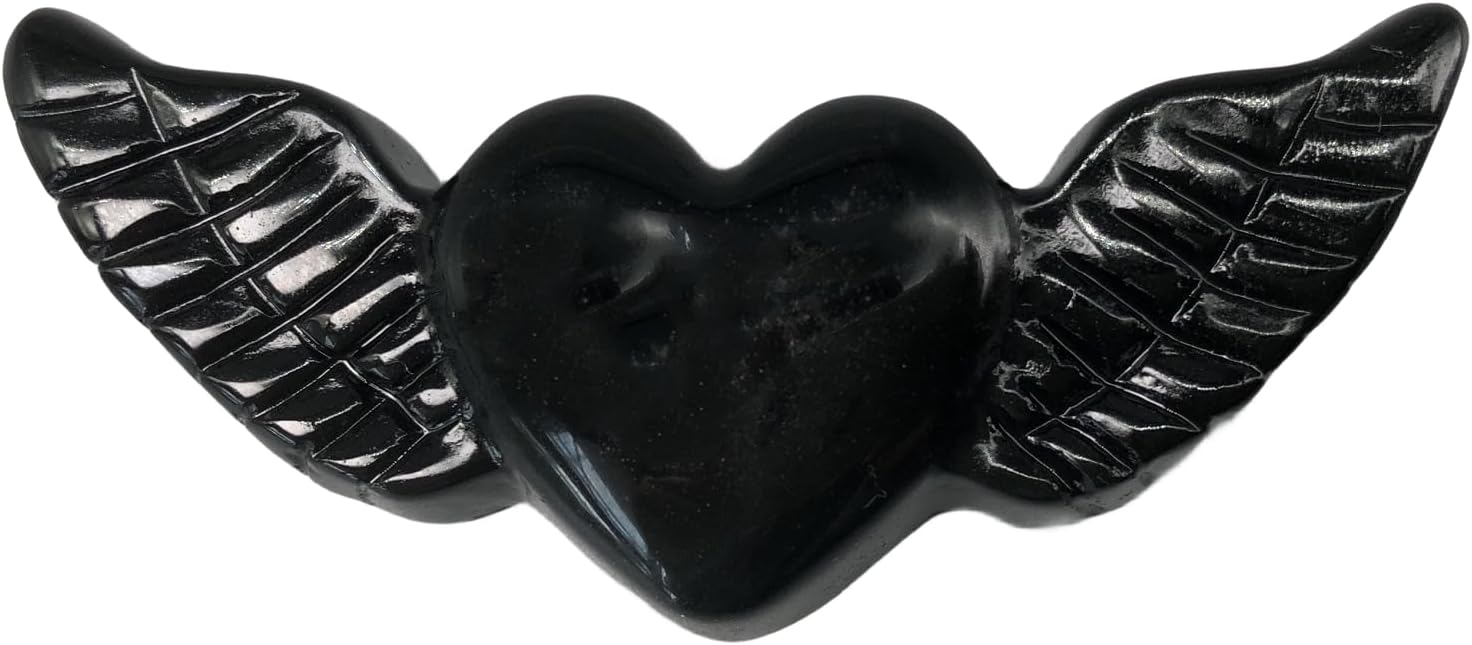 Corazón de cristal de obsidiana con alas Tallas de cristal de obsidiana negra Piedras en forma de corazón Piedra de cristal de corazón