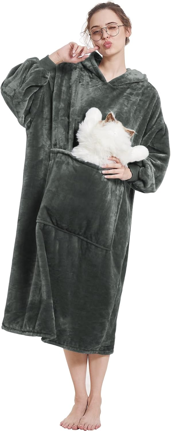 Aemilas Manta con capucha  Cálida sudadera de manta Sherpa como regalo para mujeres adultas, mamá, hombres, talla única, E- Gris OscuroLargo
