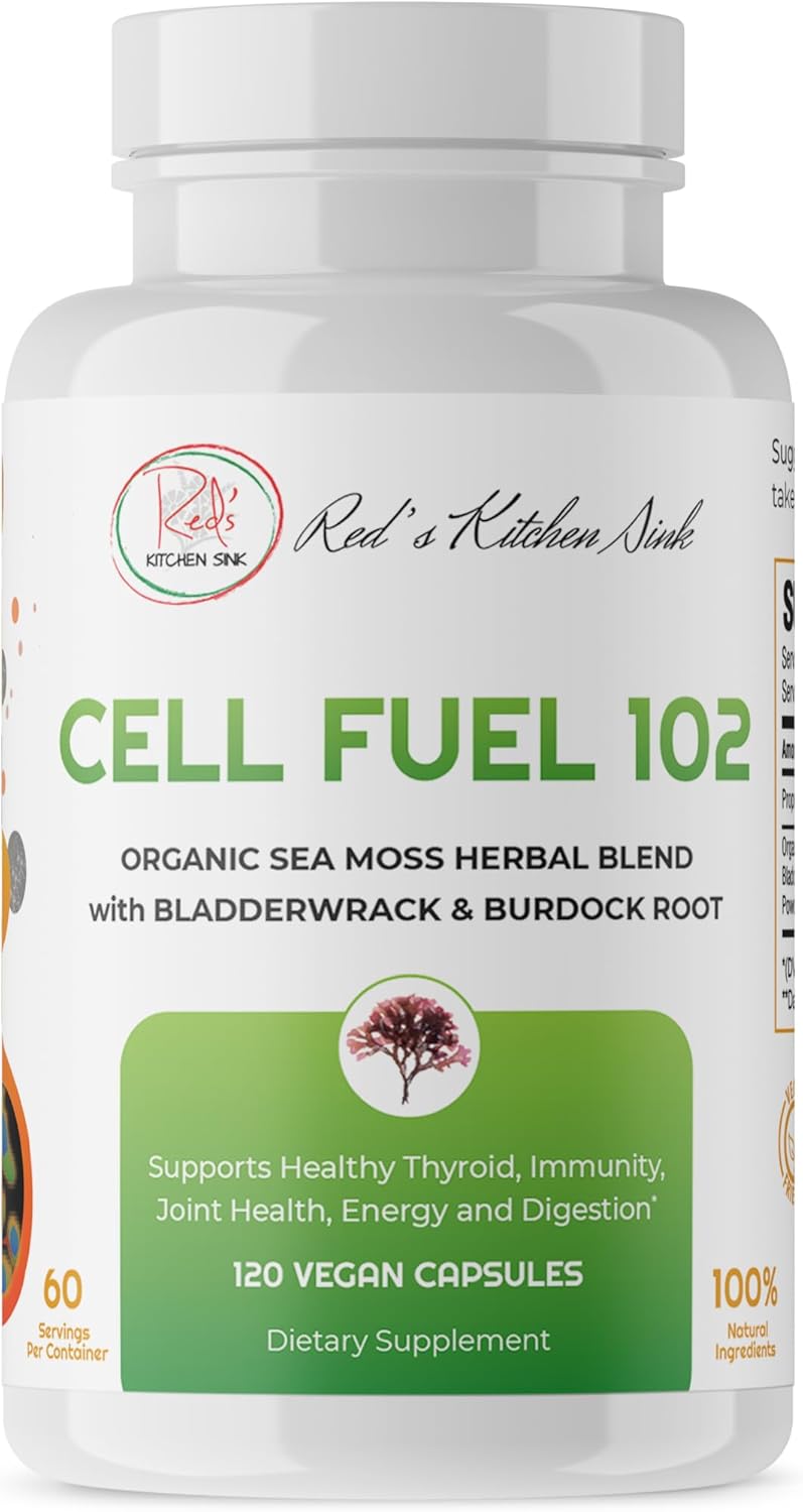 Red’s Kitchen Sink Cell Fuel 102 cápsulas de musgo marino  Fabricado con musgo marino irlandés y raíz de bardana  Musgo marino orgánico  120