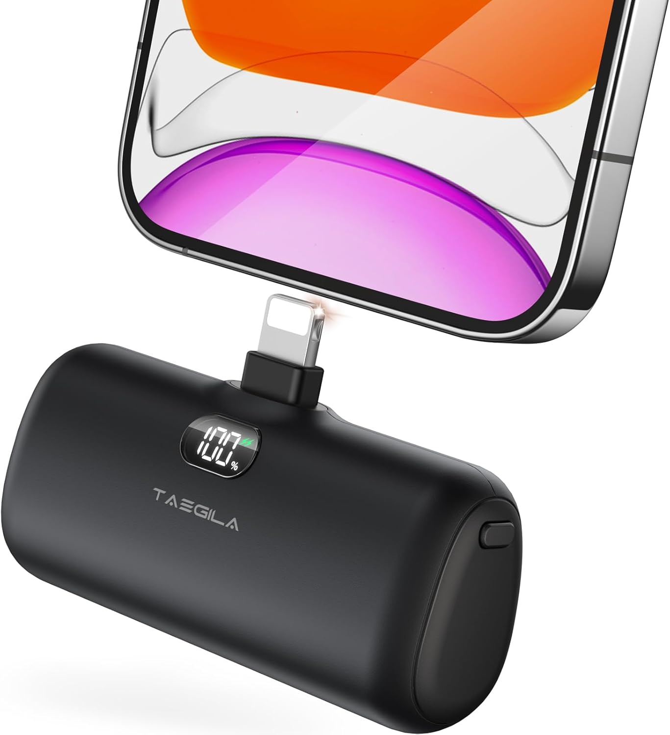 Taegila Cargador portátil pequeño para iPhone de 5000 mAh con cable integrado, banco de energía compacto certificado MFi con pantalla LCD y luz LED