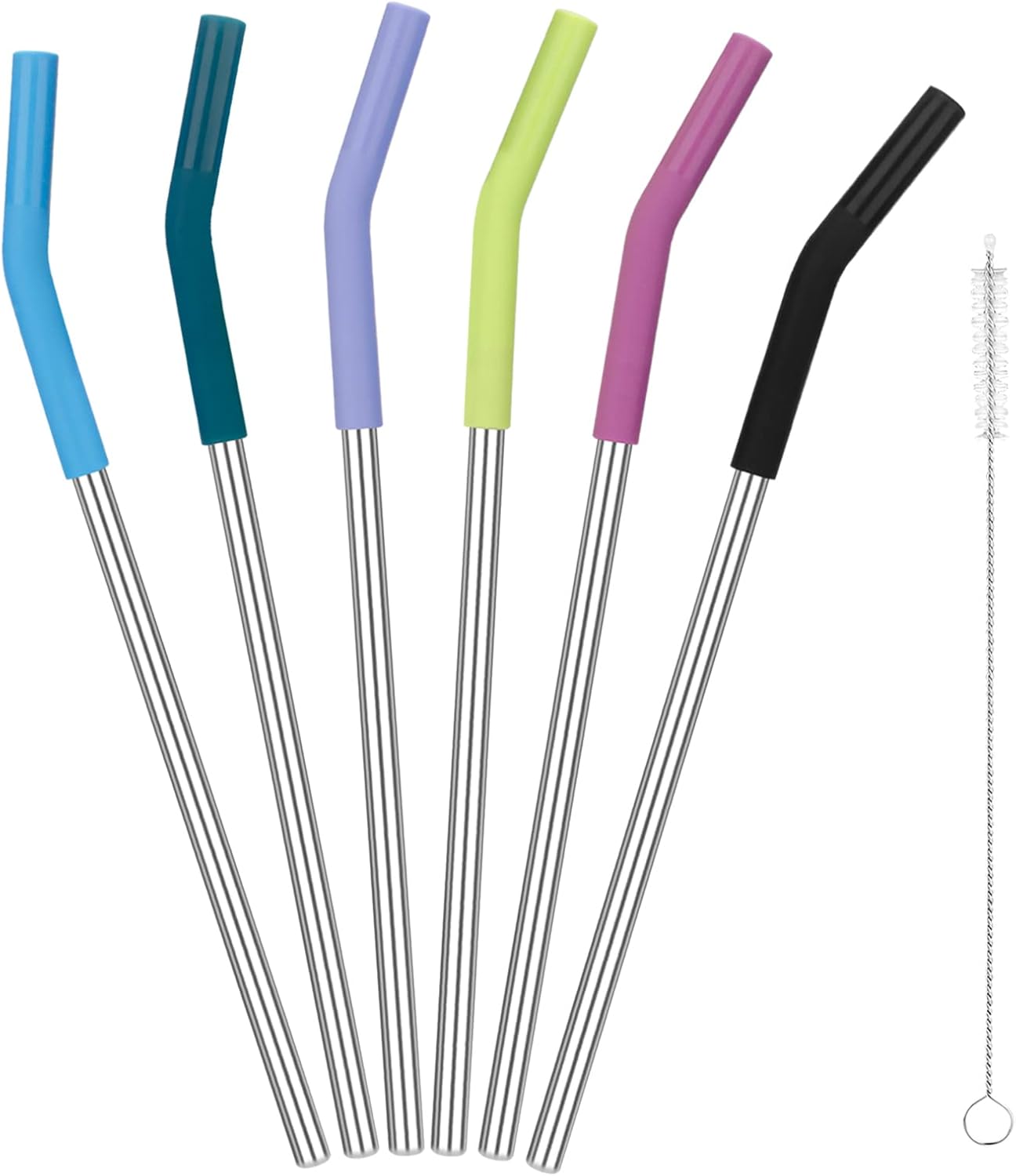 Sursip Juego de 6 popotes reutilizables de acero inoxidable con silicona, popotes de 0.315 pulgadas de ancho para batidos de frutas, 6 popotes de