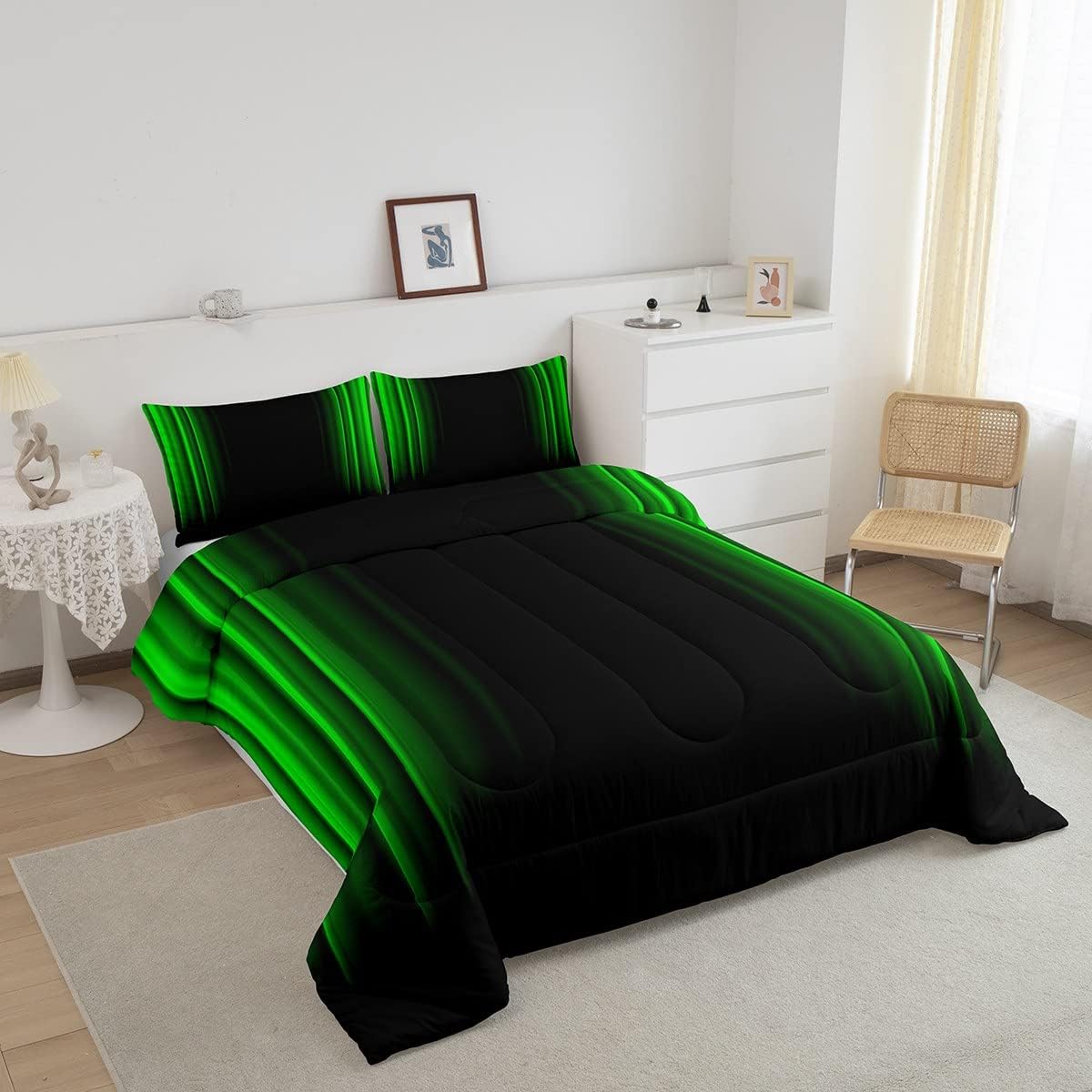 Feelyou Juego de ropa de cama geométrica abstracta degradada para hombres, adultos, adolescentes, juego de edredón a rayas verdes y negras, juego de