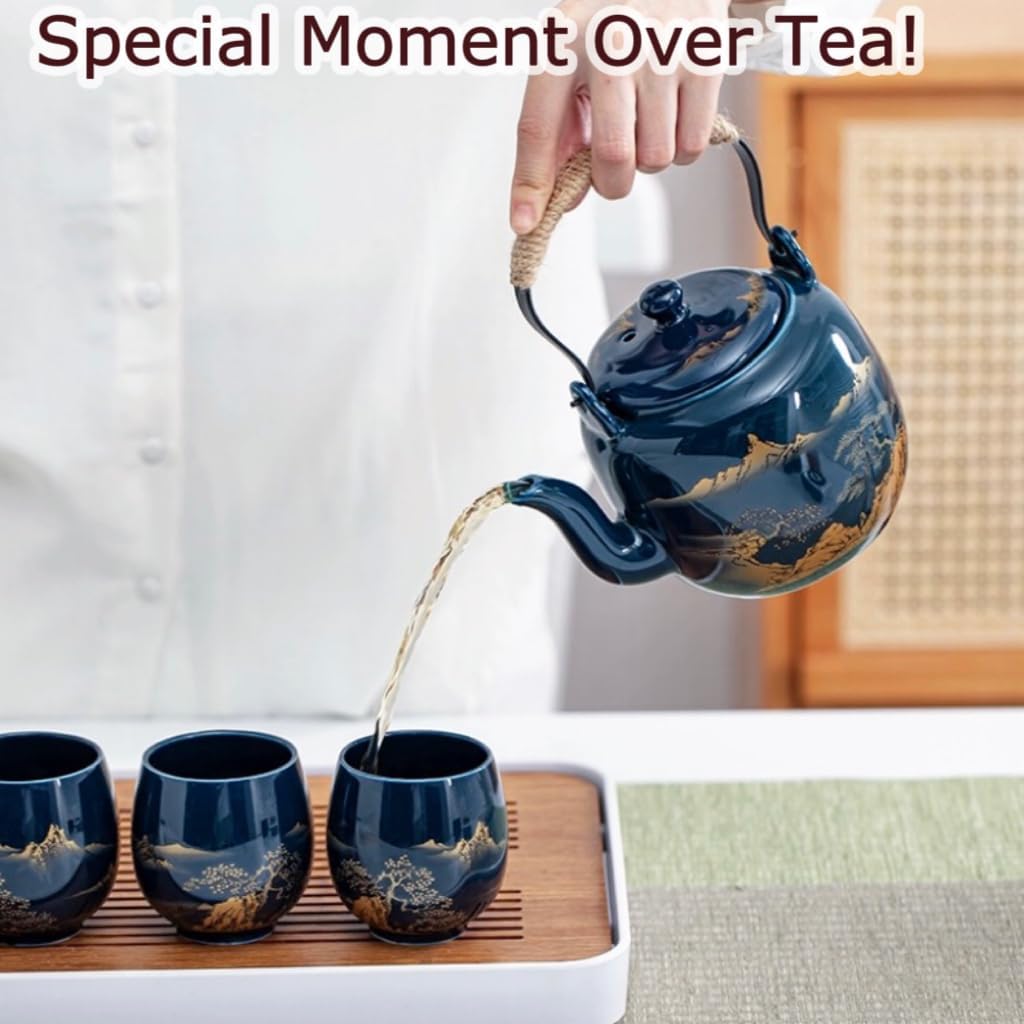 Juego de té japonés tradicional, chinoasiático para 6 adultos, bonito juego de té con bandeja e infusor, tetera de porcelana y tazas de té, tetera