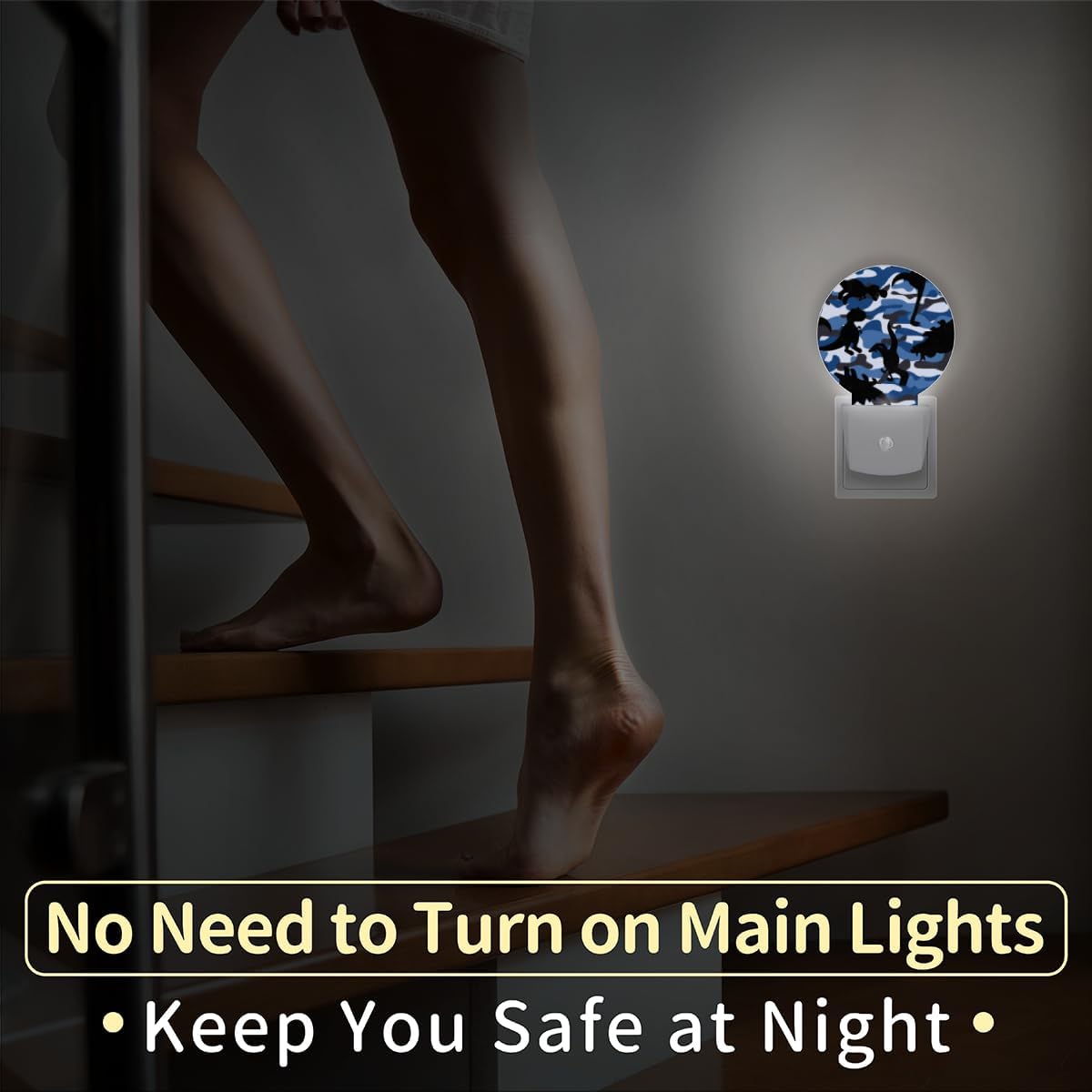 Juego de 2 luces nocturnas de dinosaurio de camuflaje para enchufar a la pared, con sensor automático del anochecer al amanecer, lámparas LED de
