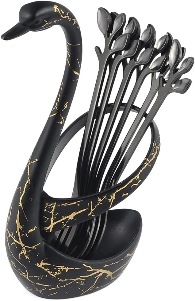 AnSaw Soporte de base de cisne negro con 20 cucharas de café y tenedores de postre con mango de hoja pequeña de 4.7 pulgadas (negro, 10+10)