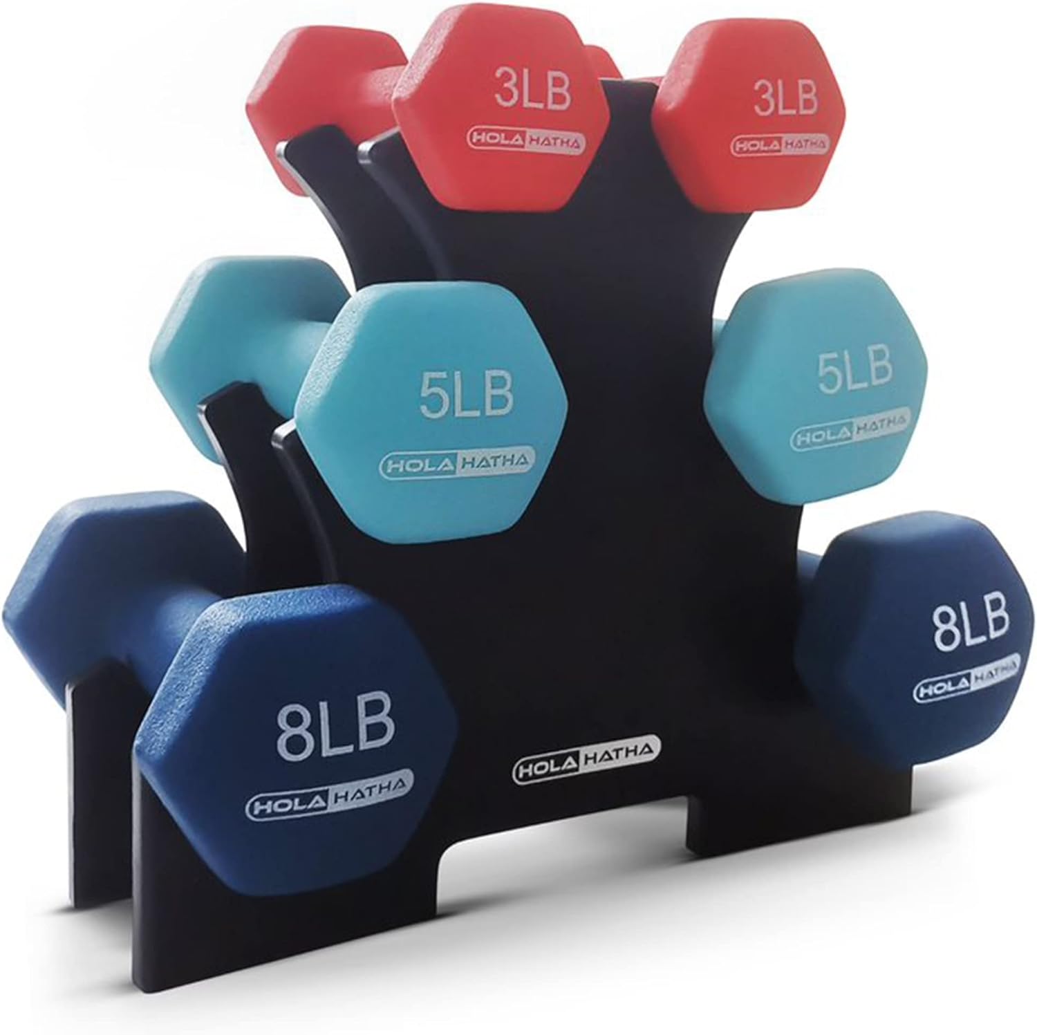 HolaHatha Juego de mancuernas de neopreno de 2, 3, 5, 8 y 10 libras con estante, ideal para ejercicios en casa para ganar tono y definición, color