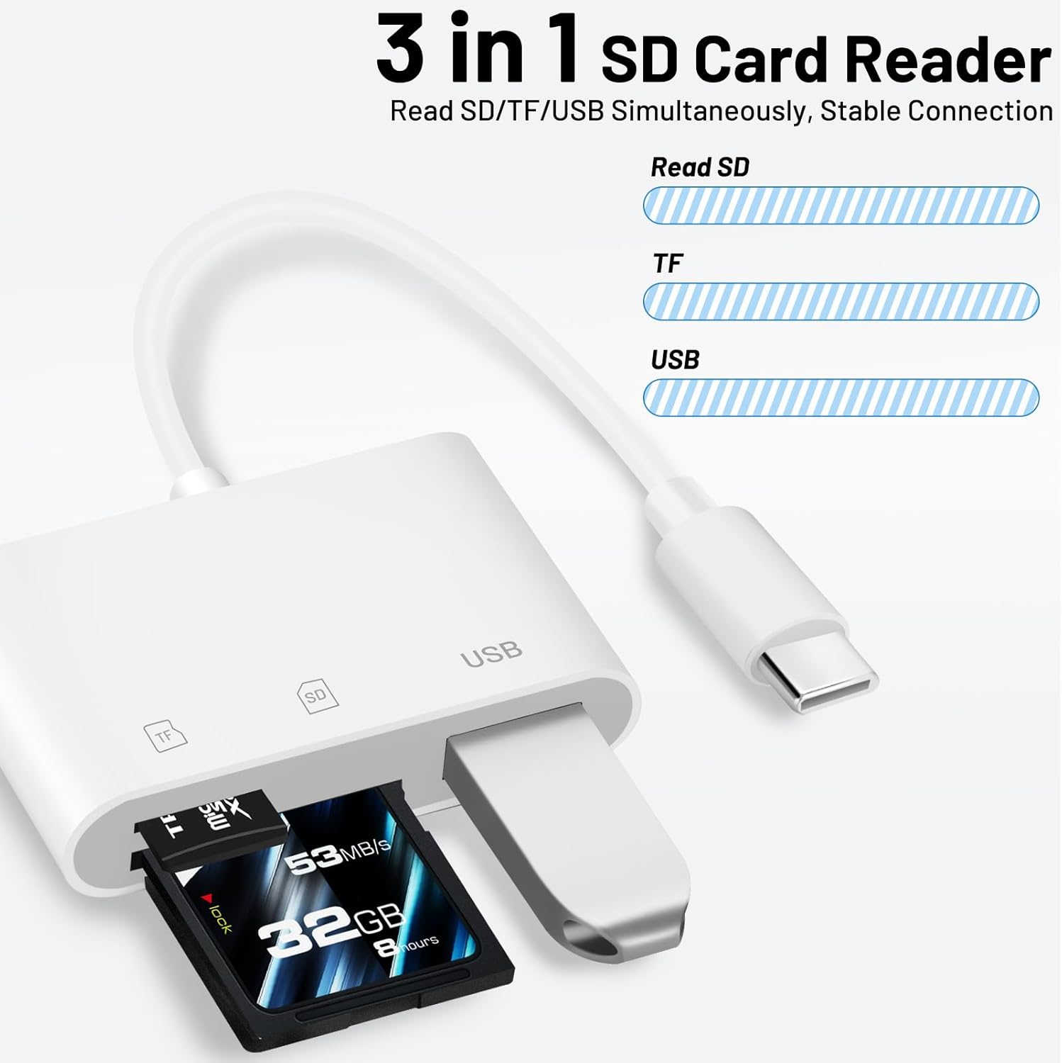 Lector de tarjetas USB C a SD, adaptador de tarjeta SD con SD MicroSD USB3.0 3 en 1, visor de cámara digital Plug and Play, lector de tarjetas de