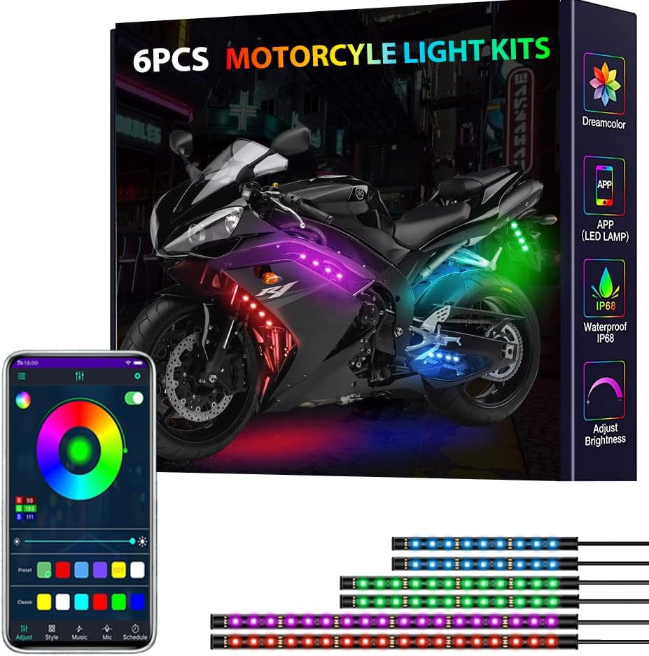 Juego de 6 luces LED para motocicleta, control de aplicación, multicolor, impermeable, tira de luces LED para motocicleta, sincronización de música