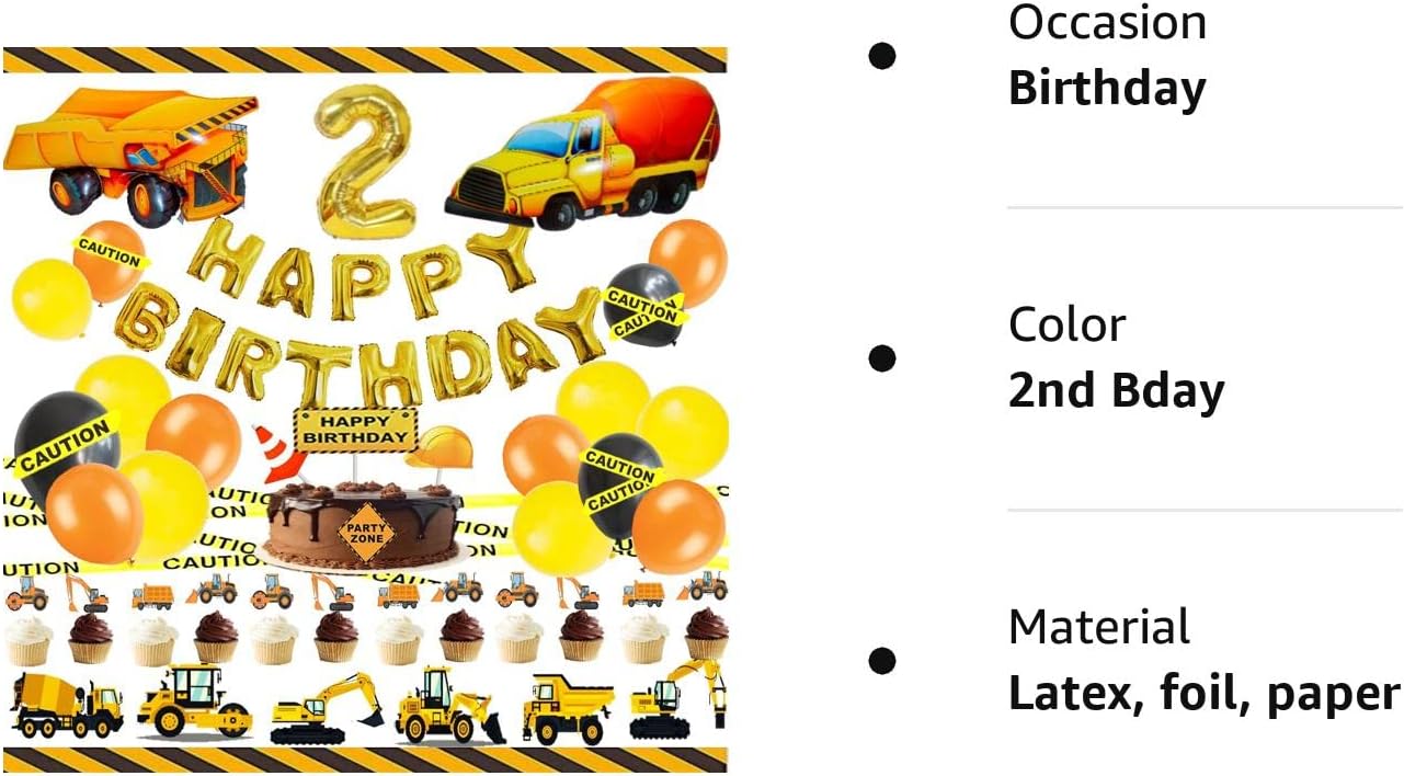 Decoraciones de 2 cumpleaños para niños, suministros de fiesta de cumpleaños de construcción, decoraciones de segundo cumpleaños para niños de 2