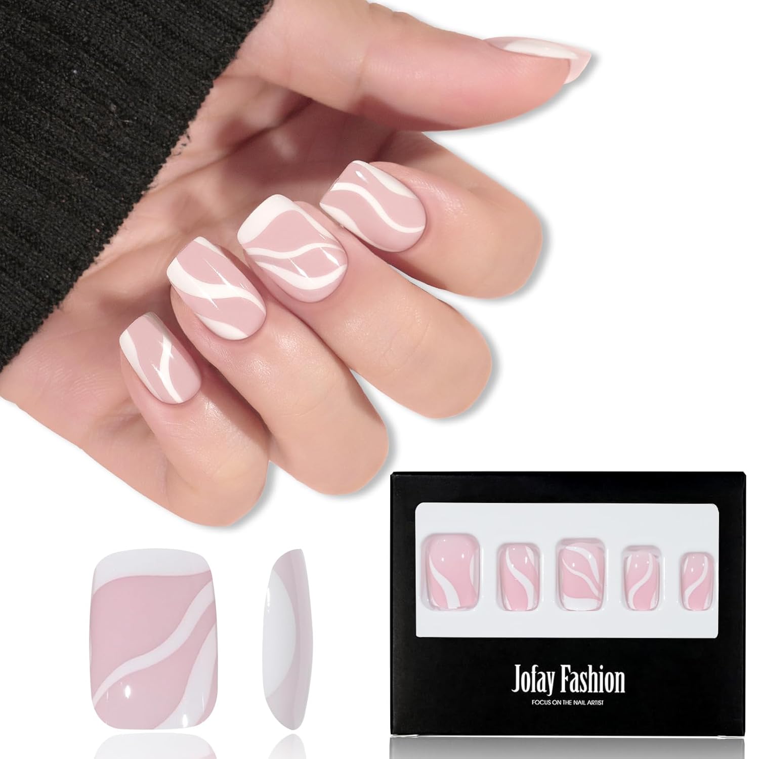 Uñas postizas cortas a presión de San Valentín, con diseños de remolinos rosados y blancos, uñas postizas acrílicas reutilizables con pegamento,