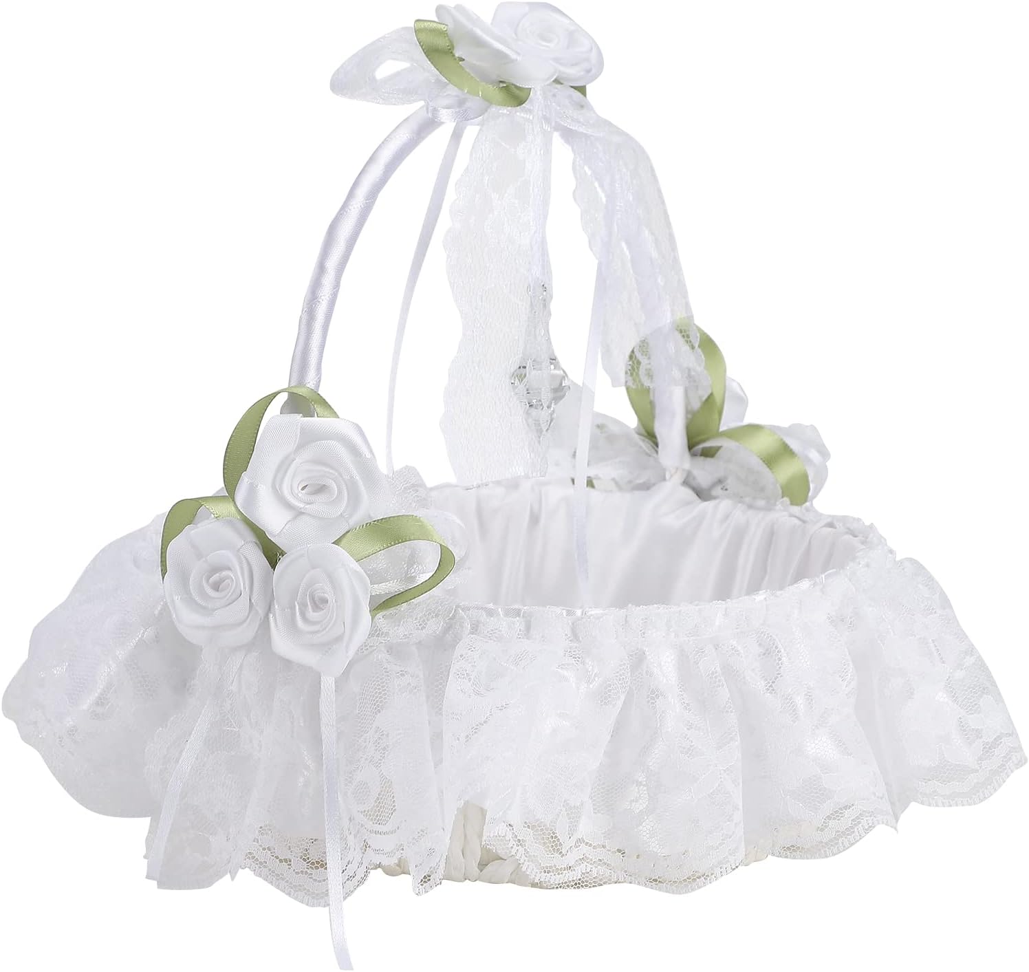 Cestas de flores de marfil para bodas, cesta de niña de flores decorada con encaje, flores de satén y cristal artificial, cestas de boda grandes