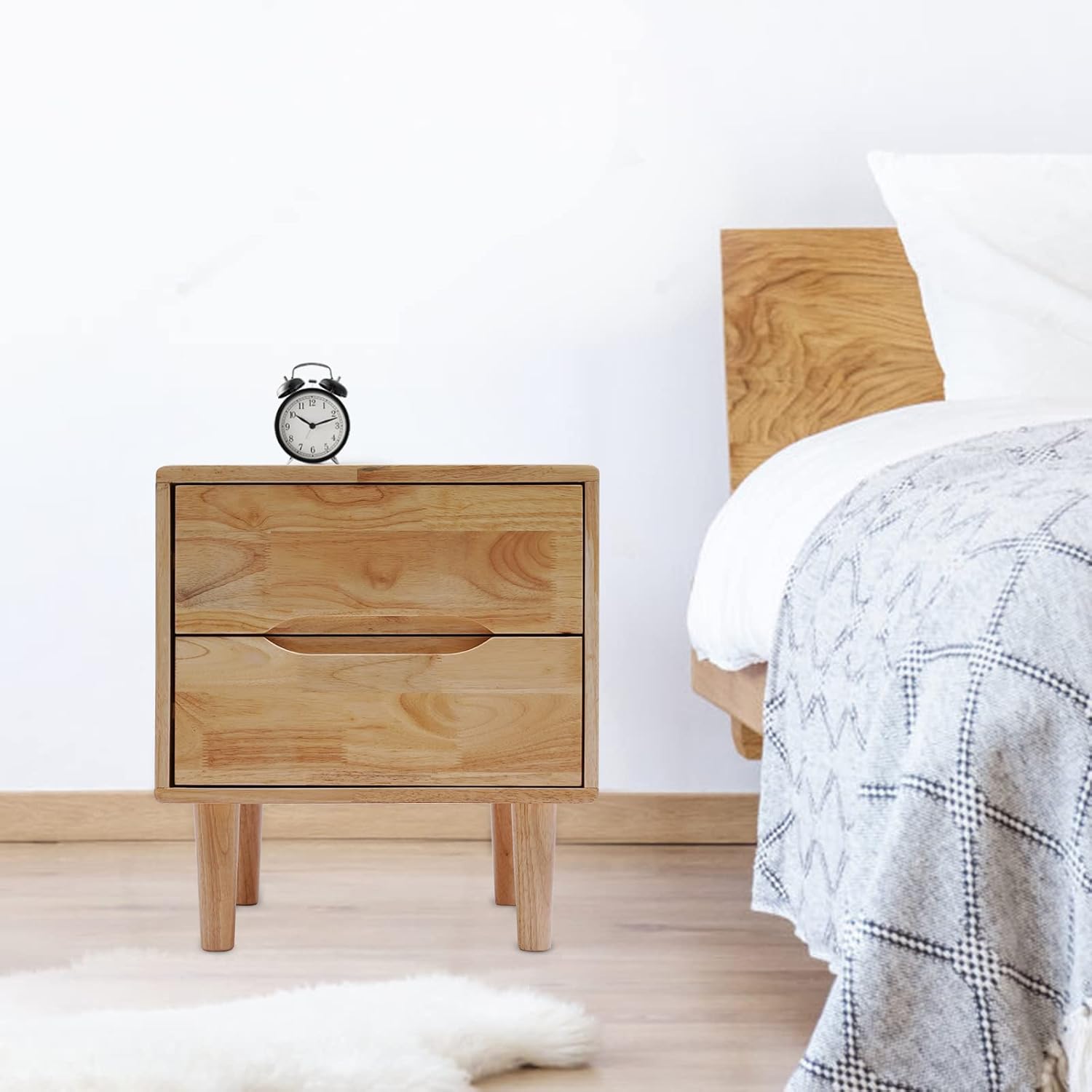 Mesitas de noche modernas de madera con mango ranurado de mediados de siglo, mesa auxiliar para dormitorio, cajón de almacenamiento y estante con 2