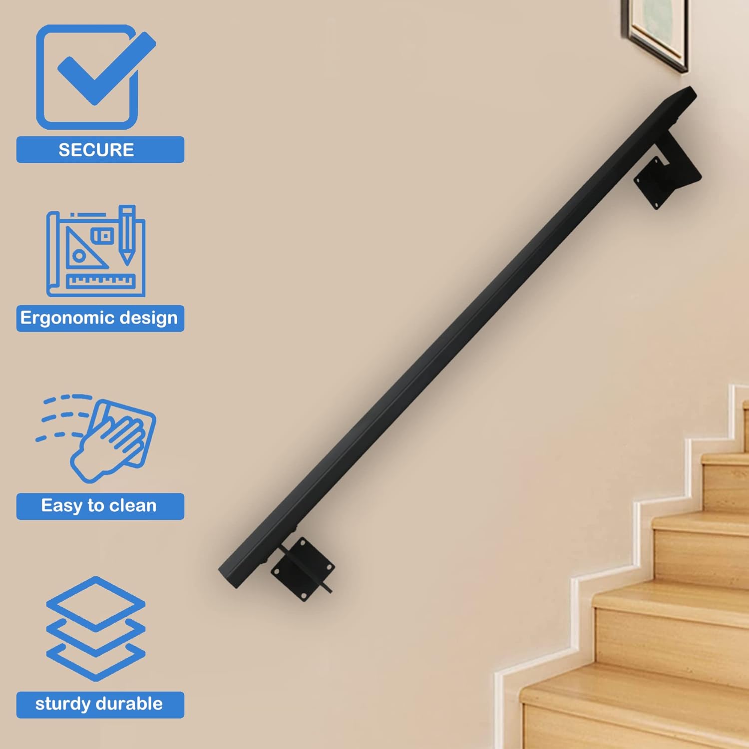 Barandilla moderna de 3 pies  Kit completo. Revestimiento de polvo negro de hierro galvanizado negro con 2 soportes de pared para escaleras