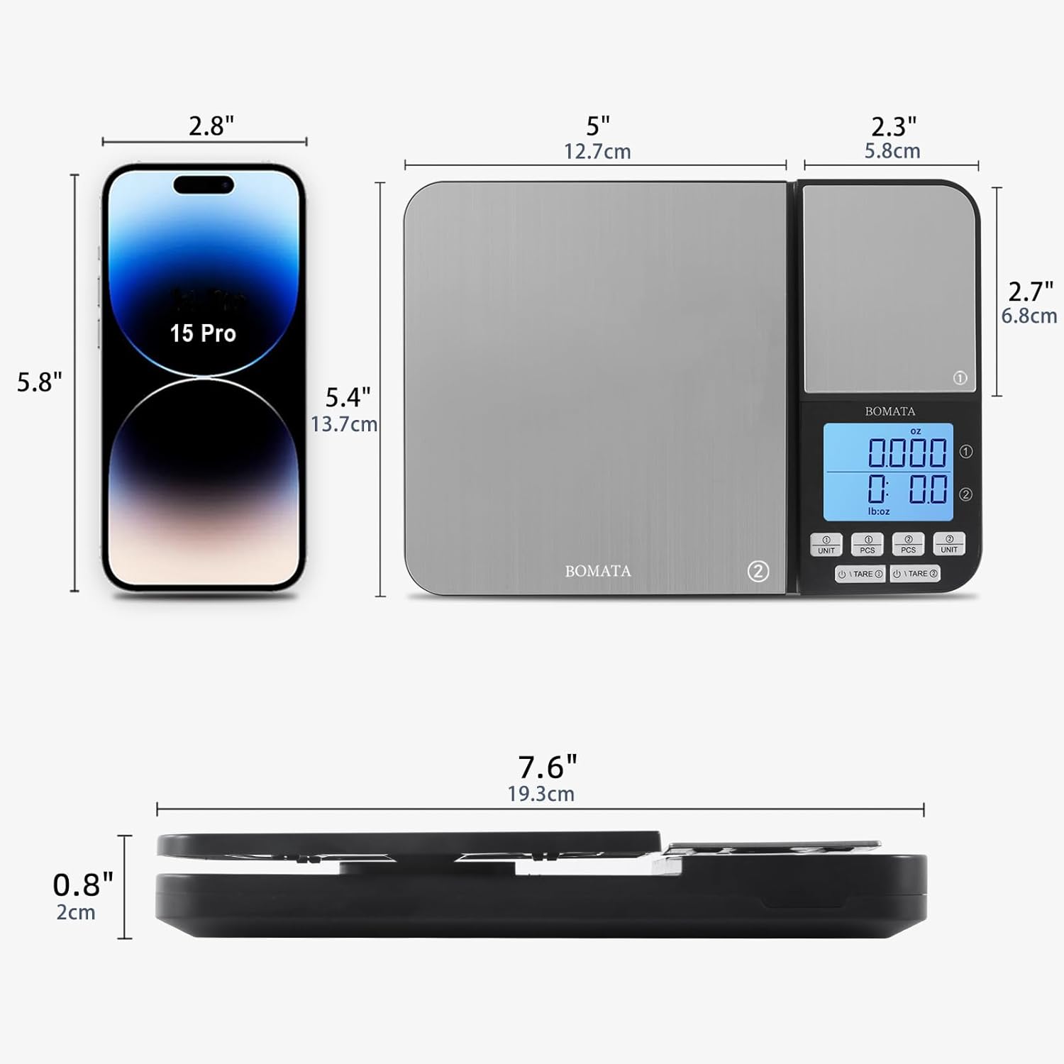 BOMATA Báscula digital de cocina de doble plataforma con dos precisiones de 0.00 oz y 0.01 g0.001 oz, capacidad máxima 11 lb5 kg, función de tara,