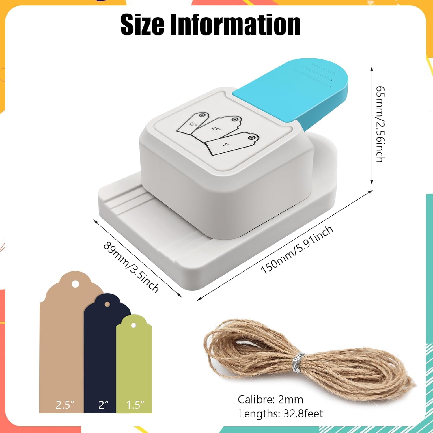 Etiqueta de regalo 3 en 1 para manualidades, perforadora de papel de 1.5 pulgadas, 2 pulgadas, 2.5 pulgadas, con 1 rollo de cuerda de cáñamo de 32.8