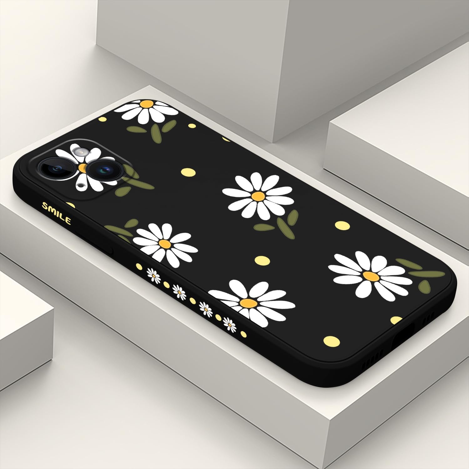LEECG Fundas para iPhone 15 Plus, 15 Plus con diseño de patrón de crisantemo lateral, protector de lente de cámara suave a prueba de golpes para