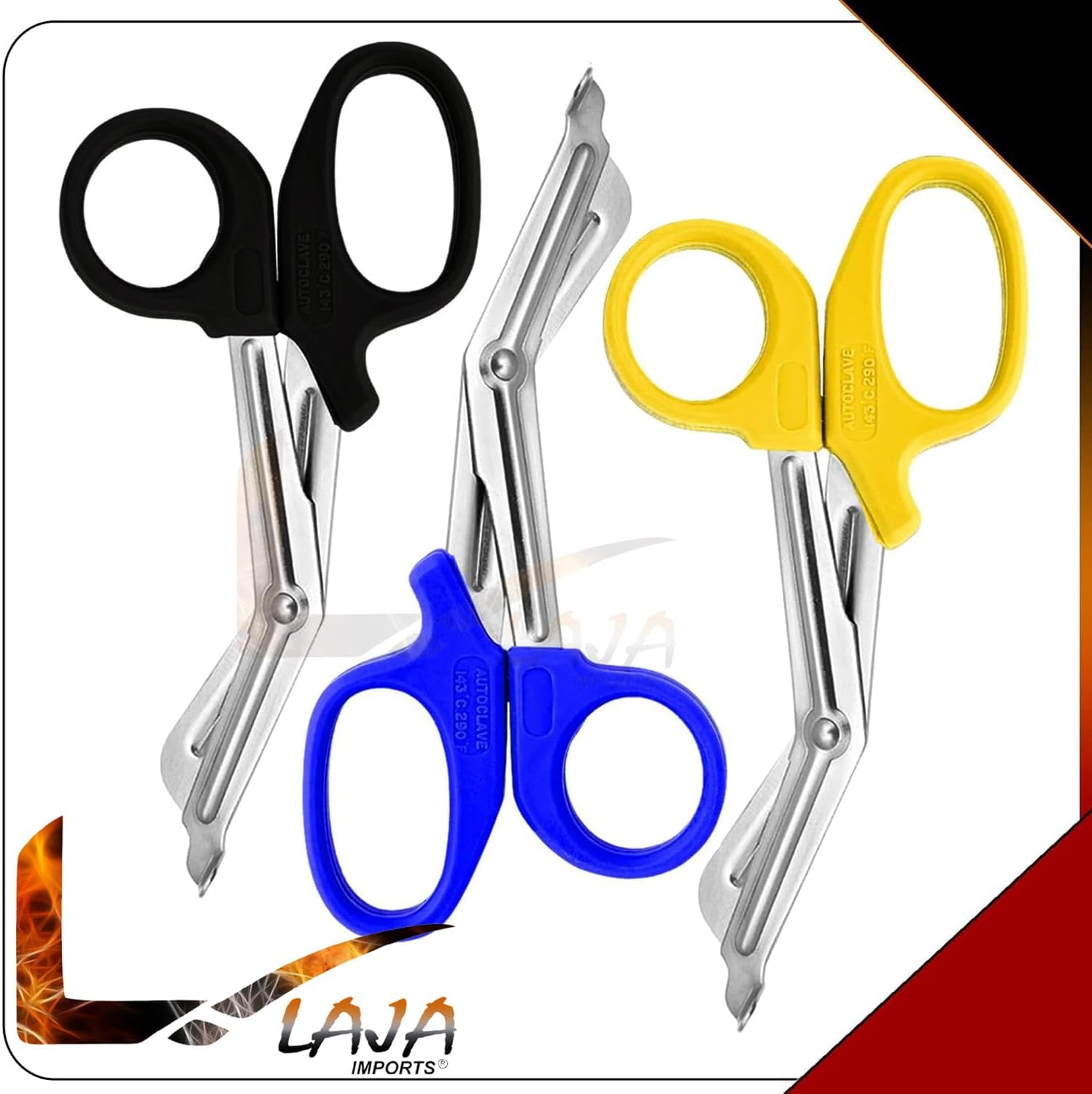 3 piezas (negro, amarillo y azul) para uso paramédico, vendaje trauma EMT, tijeras de acero inoxidable de 7.25 pulgadas (marca LAJA IMPORTS