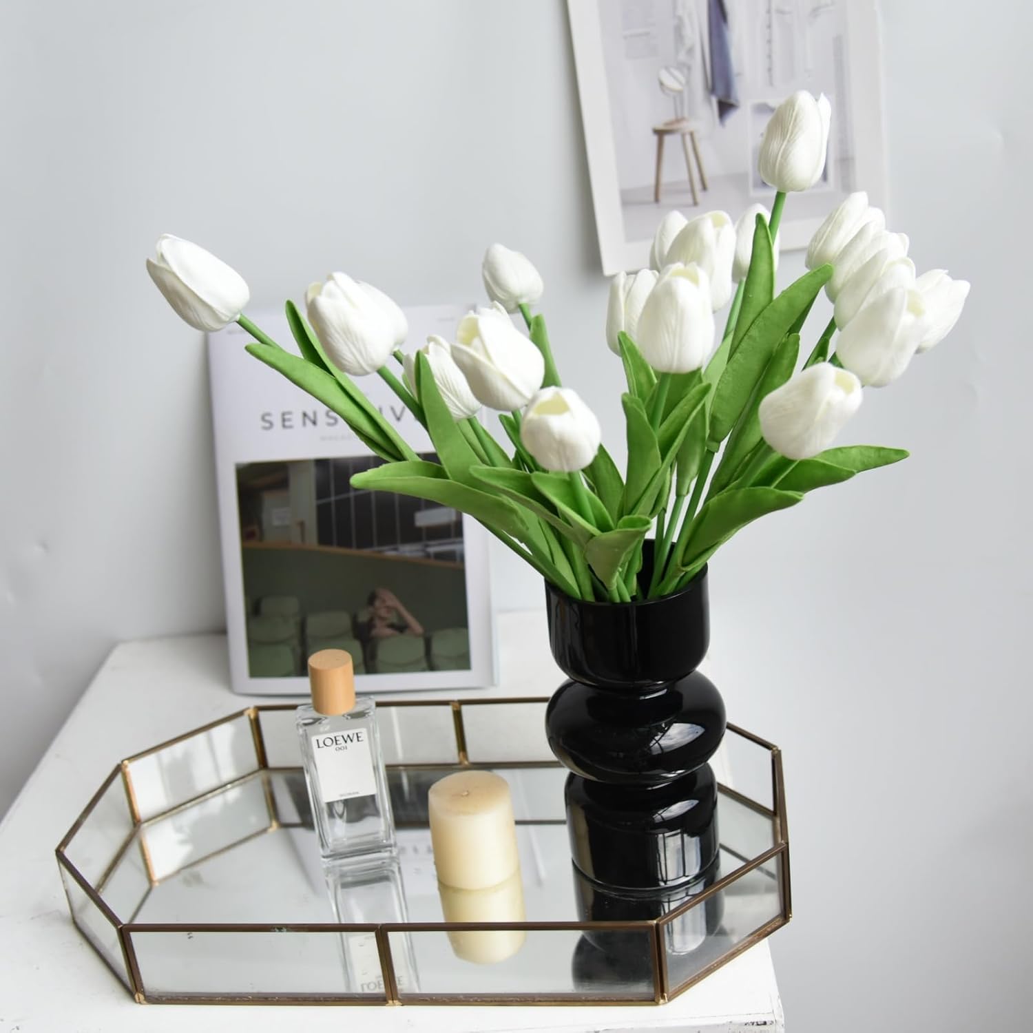 20 tulipanes de flores artificiales blancas de poliuretano de tacto real para decoración del hogar, boda, novia, mano, ramo de flores artificiales